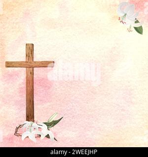 Tessera di croce in legno e gigli ad acquerello per Pasqua, giovedì santo, illustrazione religiosa isolata su bianco Foto Stock