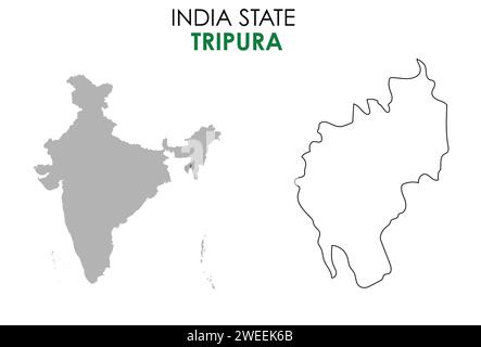 Mappa Tripura dello stato indiano. Illustrazione vettoriale mappa Tripura. Mappa Tripura su sfondo bianco. Illustrazione Vettoriale