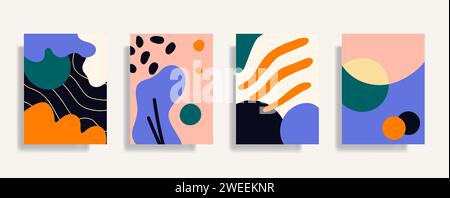 Set di modelli artistici astratti. Ingenua raccolta di sfondi verticali disegnati a mano. Design vettoriale alla moda per poster, cartoline e post sui social media Illustrazione Vettoriale
