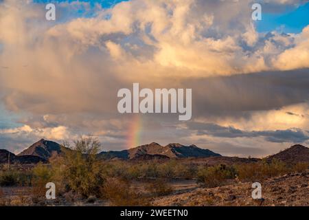 Virga e un arcobaleno sulle montagne Plomosa al tramonto nel deserto di Sonora vicino a Quartzsite, Arizona. Foto Stock