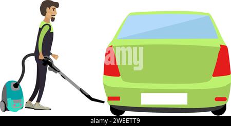 Gli addetti all'assistenza auto lavano l'icona vettoriale del veicolo isolata su bianco Illustrazione Vettoriale