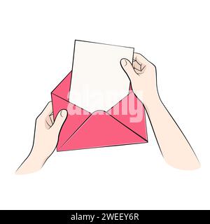 Mani che tengono una busta e escono da un foglio di carta bianco, fumetti, illustrazioni vettoriali in stile cartoni animati Illustrazione Vettoriale