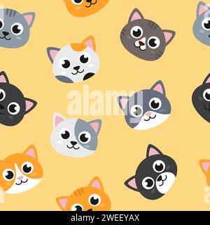 Gatto, teste gattino, motivo senza cuciture, sfondo delle illustrazioni in stile piatto Illustrazione Vettoriale