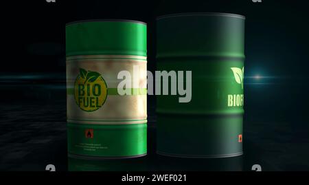 Barili di combustibile greggio brant per petrolio a biocarburante nel concetto ROW. Illustrazione 3d dei contenitori industriali per l'energia sostenibile e l'olio biodiesel. Foto Stock