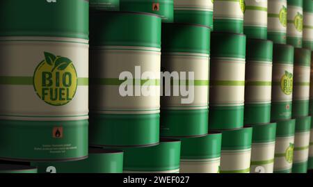 Barili di combustibile greggio brant per petrolio a biocarburante nel concetto ROW. Illustrazione 3d dei contenitori industriali per l'energia sostenibile e l'olio biodiesel. Foto Stock