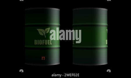 Barili di combustibile greggio brant per petrolio a biocarburante nel concetto ROW. Illustrazione 3d dei contenitori industriali per l'energia sostenibile e l'olio biodiesel. Foto Stock