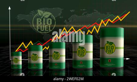 Barili di carburante greggio brant per petrolio a biocarburante sulla tabella di crescita. Contenitori industriali in metallo per l'energia sostenibile e l'olio biodiesel con statistiche di aumento Foto Stock