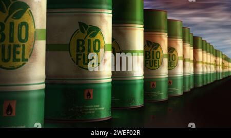 Barili di combustibile greggio brant per petrolio a biocarburante nel concetto ROW. Illustrazione 3d dei contenitori industriali per l'energia sostenibile e l'olio biodiesel. Foto Stock