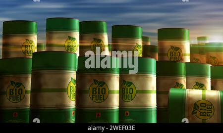 Barili di combustibile greggio brant per petrolio a biocarburante nel concetto ROW. Illustrazione 3d dei contenitori industriali per l'energia sostenibile e l'olio biodiesel. Foto Stock
