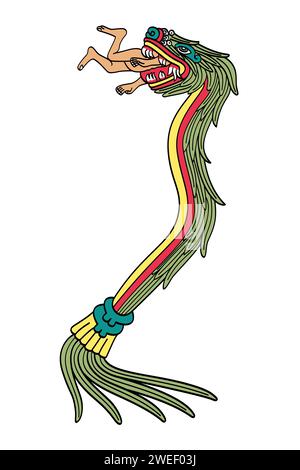 Quetzalcoatl divora un umano. dio azteco della vita, della luce e della saggezza, signore del giorno e dei venti, come raffigurato nel Codex Borbonicus. Serpente piombato. Foto Stock