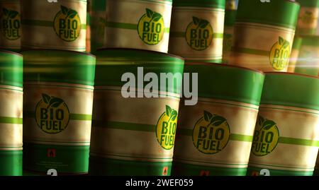 Barili di combustibile greggio brant per petrolio a biocarburante nel concetto ROW. Illustrazione 3d dei contenitori industriali per l'energia sostenibile e l'olio biodiesel. Foto Stock
