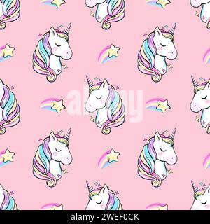 Unicorno e arcobaleno con motivo senza cuciture. Magia, sfondo da favola per bambini Illustrazione Vettoriale