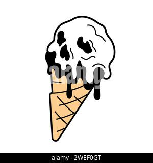 Sciogliere il cono del gelato, a forma di teschio. Spaventoso, gotico, emo, icona vettoriale di halloween, semplice illustrazione Illustrazione Vettoriale