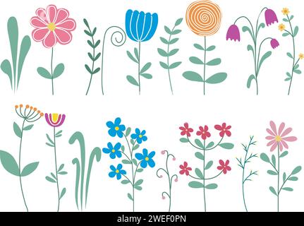 Fiori selvatici, erbe e fogliame. Collezione di semplici fiori primaverili ed estivi disegnati a mano. Elementi botanici, fioritura primaverile, vettore isolato Illustrazione Vettoriale