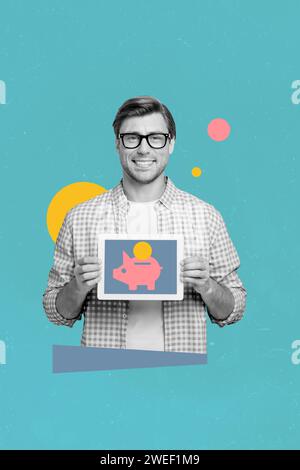 Un collage di modelli di grafica creativa astratta di un uomo allegro che fa risparmiare denaro finanziando strani cartelloni strani strani e strani Foto Stock