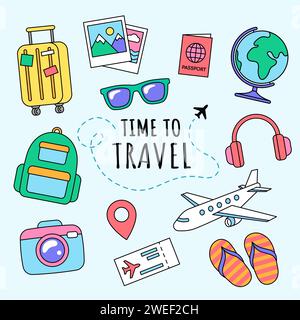 Oggetti, icone e accessori per viaggi e vacanze. Set di cartoni animati, illustrazioni per le vacanze a fumetti, disegni vettoriali. Illustrazione Vettoriale