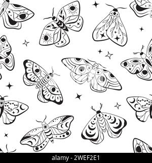 Falene notturne sulla luna celeste, motivo senza cuciture, sfondo. Farfalle esoteriche, illustrazioni di linee boho, disegni vettoriali Illustrazione Vettoriale