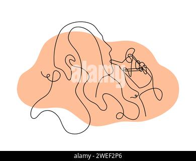 Una donna adulta beve succo da cocktail in una linea vettoriale Illustrazione Vettoriale