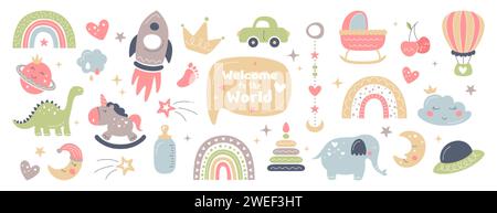 Baby nursery con graziosi arcobaleno, luna, nuvole, razzo, palloncino in stile scandinavo. Set clipart bambini per neonati. Semplice collezione bohémien con giocattoli animali per la camera da letto e decorazioni per la doccia del bambino. Illustrazione Vettoriale