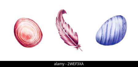 Acquerello pietra disegnata a mano per cuore, plesso solare, chakra e piume rosa. Agato di pizzo blu, rodocrosite. Illustrazione al quarzo rosa curativo naturale Foto Stock