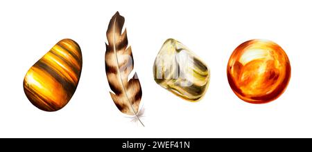 Acquerello radice e sacrale disegnate a mano, plesso solare pietre preziose chakra e illustrazioni di piume. Hematit, Tiger's Eye, calcite arancione e corniola, T Foto Stock