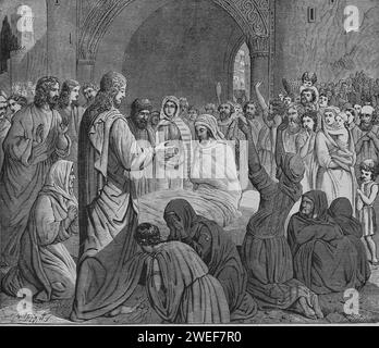 Cristo cresce il figlio della vedova. Nuovo Testamento. Luca 7:14. Incisione, XIX secolo. Sacra Bibbia. Foto Stock