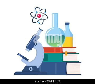 Ricerca in laboratorio chimico. Apparecchiature e libri per laboratori chimici. Ricerca di laboratorio, test, studi in chimica. Illustrazione vettoriale Illustrazione Vettoriale