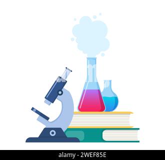 Ricerca in laboratorio chimico. Apparecchiature e libri per laboratori chimici. Ricerca di laboratorio, test, studi in chimica. Illustrazione vettoriale Illustrazione Vettoriale