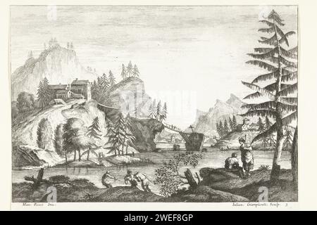 Paesaggio con fiume e alcune figure, Giuliano Giampiccoli, dopo Marco Ricci, 1739 - 1740 stampa Venice paper etching River Foto Stock