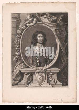 Ritratto di Jean Baptiste Colbert in una lista ovale, Benoît Audran (i), dopo C. Lefebvre, 1709 stampa France paper etching / incisione di persone storiche. politico, ad esempio leader del partito. ornamento  medaglione Foto Stock