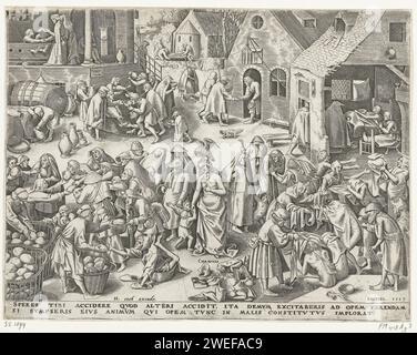 Love, Philips Galle, After Pieter Bruegel (i), 1559 - 1560 stampa personificazione femminile dell'amore o della misericordia (Charitas) in piedi su una piazza circondata da tutti i tipi di scene in cui sono illustrate le sette opere di misericordia. Con didascalia di 2 righe in latino. Carta dei Paesi Bassi meridionali incisione carità, "Caritas"; "CaritÃ" (Ripa)  una delle tre virtù teologiche. I sette atti della Misericordia Foto Stock