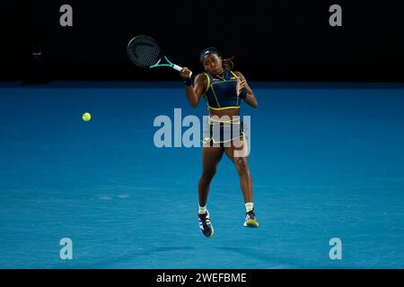 Melbourne Park, Melbourne, Victoria, Australia. 25 gennaio 2024. Australian Open Tennis Championship Day 12; Coco Gauff (USA) in azione durante la partita di semifinale contro Aryna Sabalenka il giorno 12 dell'Australian Open 2024 al Melbourne Park il 25 gennaio 2024 a Melbourne, Australia. Credito: Action Plus Sports/Alamy Live News Foto Stock