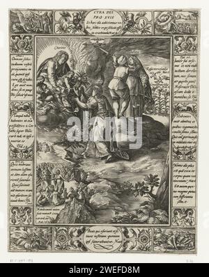 Cura di Dio per il suo, Hendrick Goltzius, 1598 - 1604 stampa Allegoria con una rappresentazione centrale con personificazioni delle virtù dell'amore (caritas), della speranza (fides) e della giustizia (Justitia) che circonda una cornice in cui le citazioni della Bibbia si combinano con l'immaginazione di certi eventi della Bibbia. Tipografia: Haarlempublisher: The Hague paper Engraving Faith, 'Fides'; 'fede', 'fede catholica', 'fede christiana', 'fede christiana catholica' (Ripa)  una delle tre virtù teologiche. Carità, 'Caritasa'; 'CaritÃ' (Ripa)  una delle tre virtù teologiche. Giustizia, "Justitia"; " Foto Stock