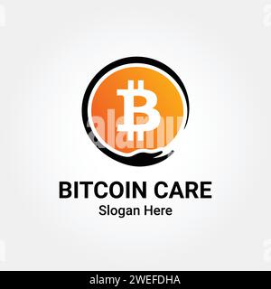 Elemento grafico del logo Bitcoin Care, modello icona Bitcoin con mano. Vector, Illustration of Bitcoin Money Concept for Money Saving, Money Inves Illustrazione Vettoriale