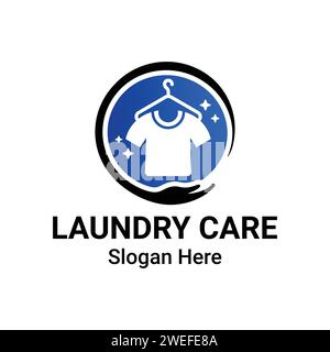 Design con logo Launage Care. Modello con logo per lavaggio a secco. Semplice logo illustrativo per il bucato con t-shirt e simbolo di appendiabiti. Logo vettore lavanderia su AN bianco Illustrazione Vettoriale