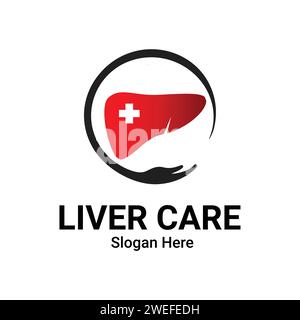 Modello con logo Liver Care Secure Vector con simbolo Plus. Logo adatto per il settore medico o sanitario. Epatoprotezione, concetto, icona piatta, elemento. Illustrazione Vettoriale