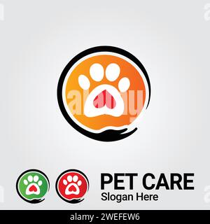 Logo PET Care Love per cani, gatti, uccelli, con icona vettore Paw Heart and Hand Care, illustrazione, elemento o modello. Illustrazione Vettoriale