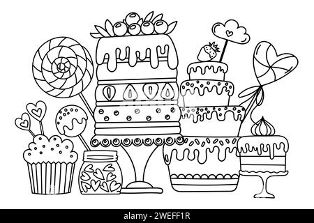 Pagina da colorare - Dolce illustrazione con un sacco di dolcetti come torte e caramelle, Un libro da colorare per bambini Illustrazione Vettoriale