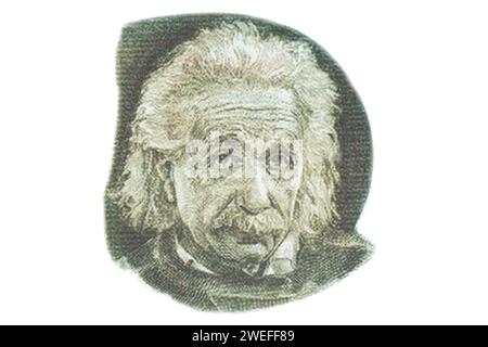 Albert Einstein ritratto dettaglio da Israele banconota da 5 libbre isolato su bianco Foto Stock