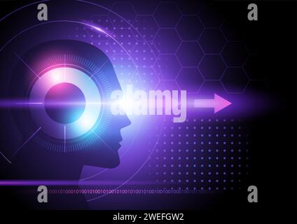 Illustrazione vettoriale di sfondo futiristico viola con testa umana e frecce, concetto di visione Illustrazione Vettoriale