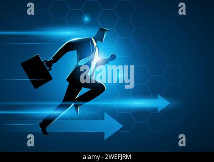 Immagine della silhouette di un uomo d'affari che corre con una valigetta con un tema tecnologico moderno, digitale, Start-up, concetto dinamico e dinamico Illustrazione Vettoriale
