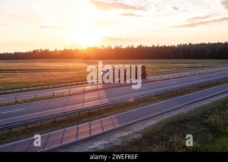 Un autocarro da legname verde trasporta i tronchi di pino sullo sfondo del tramonto di sera. Concetto di importazione ed esportazione del legno. Registrazione come azienda. Foto Stock