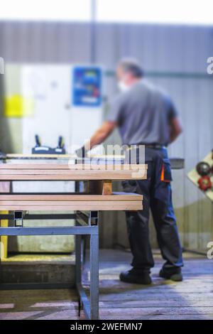 operaio che lavora in un impianto di lavorazione del legno Foto Stock