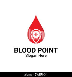 Logo posizione sangue con illustrazione modello segno puntiforme. Donazione di sangue Health Spot Red Logo Concept. Ematologia Medical Blood Cell Logo Design Vect Illustrazione Vettoriale