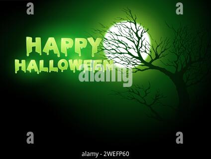 Testo felice di Halloween con luna piena e albero morto spettrale come decorazione, illustrazione vettoriale per tema Halloween Illustrazione Vettoriale