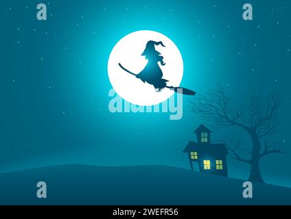 Strega in sella a una scopa che vola su una casa spaventosa e su un albero con luna piena come sfondo, per il tema halloween Illustrazione Vettoriale