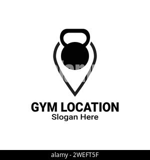 Kettlebell fitness GPS Tag pin Point Logo icona modello di disegno vettore piatto. Emblema della palestra con logo per l'allenamento a forma di posizione. Illustrazione Vettoriale