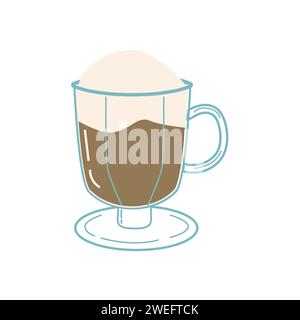 tazza di caffè con schiuma, bevanda fredda in stile cartoon disegnato a mano. Illustrazione vettoriale isolata Illustrazione Vettoriale