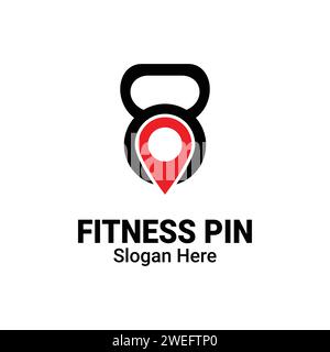 Kettlebell fitness GPS Tag pin Point Logo icona modello di disegno vettore piatto. Emblema della palestra con logo per l'allenamento a forma di posizione. Lo Illustrazione Vettoriale