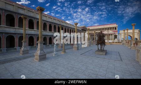 Antichi edifici del foro Romano con colonne e statua. Illustrazione 3D. Foto Stock